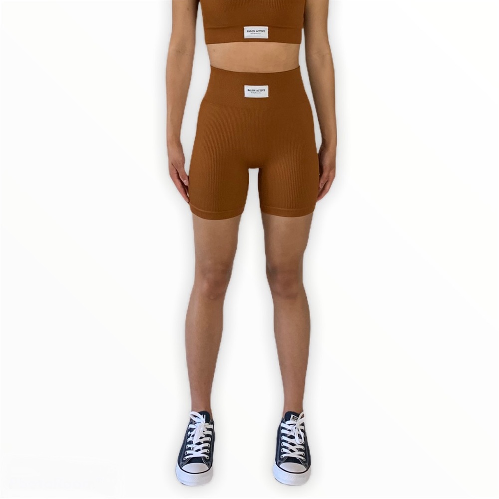 Caramel Brown-High Waisted Biker Shorts rib shorts
